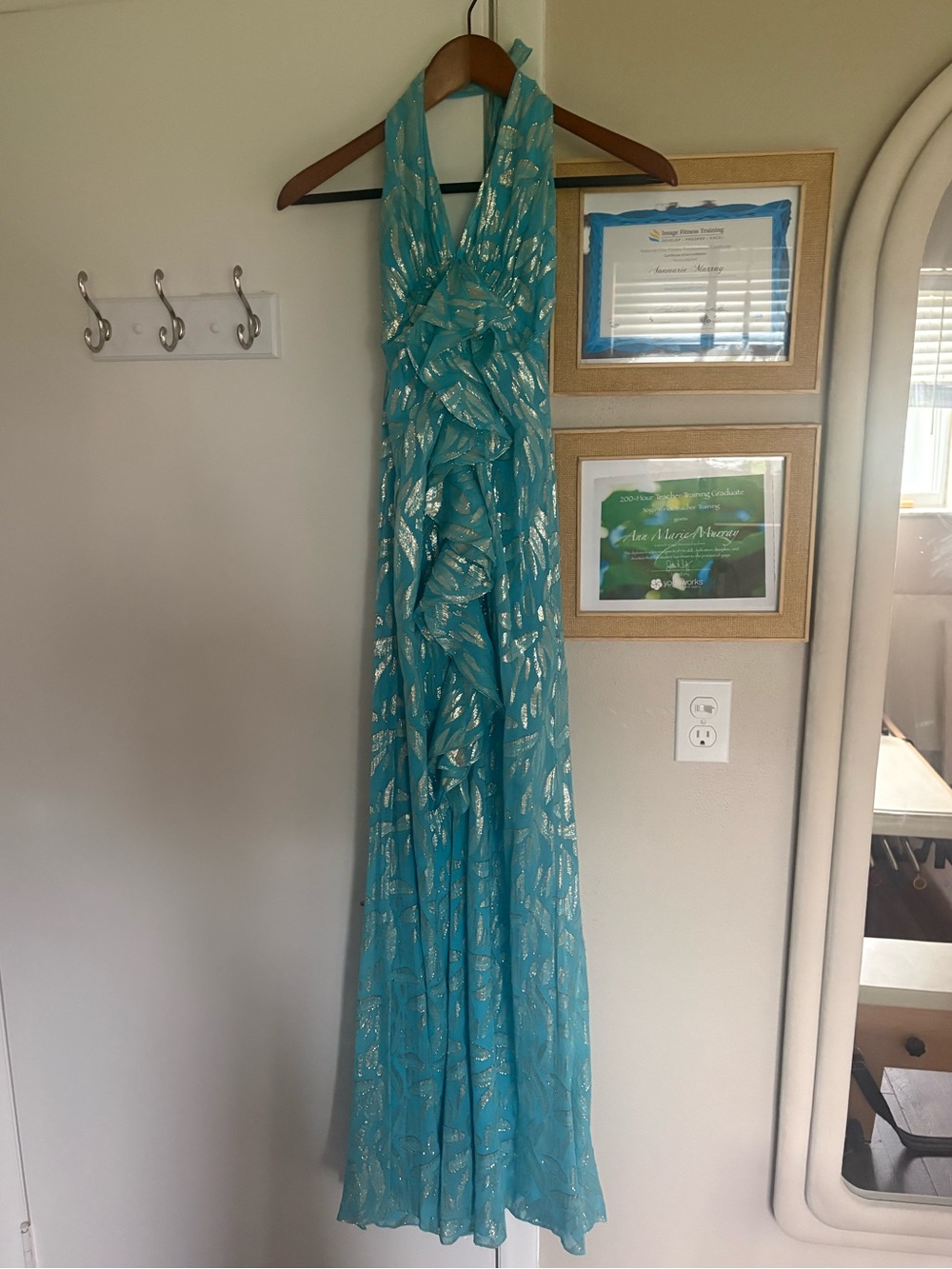 Ramy Brook Turquoise Halter Maxi with Metallic Leaf Print